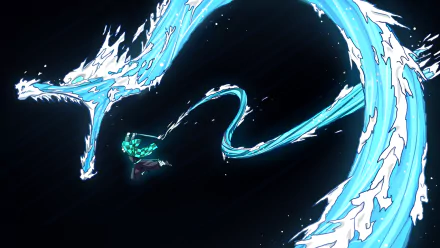 HD desktop wallpaper from Demon Slayer: Kimetsu no Yaiba featuring Tanjiro Kamado unleashing a vibrant blue water breathing technique.