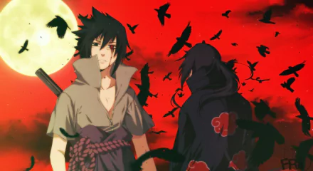 HD PC desktop wallpaper featuring anime characters Itachi Uchiha and Sasuke Uchiha from Naruto, set against a red sky with a full moon and flying crows.