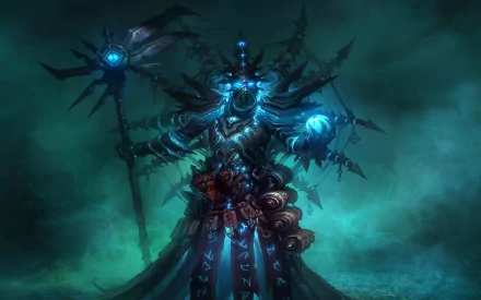 HD desktop wallpaper depicting a mysterious, armored character from the Warhammer video game series, holding a glowing staff in an eerie, misty environment.