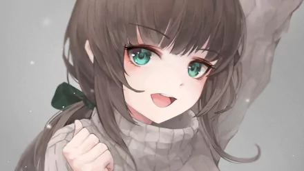 Anime-style artwork featuring a character with brown hair and aqua eyes, set as an HD desktop wallpaper and background. The character is wearing a cozy sweater and has a green ribbon in their hair.