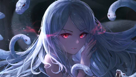 Anime-style HD wallpaper featuring a girl with white hair and red eyes surrounded by snakes.
