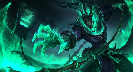 HD PC desktop wallpaper of Thresh (League of Legends), video game character from Legends of Runeterra — spectral warden with glowing green chains and lantern amid swirling dark mist.