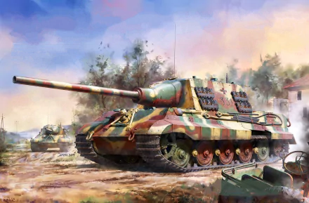 HD desktop wallpaper featuring a World War II self-propelled artillery vehicle painted in camouflage, set in a battlefield environment.