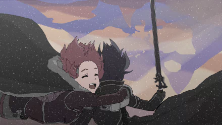 Rika Shinozaki warmly hugs Kazuto Kirigaya, also known as Kirito from Sword Art Online, against a scenic sunset background in this HD anime desktop wallpaper.