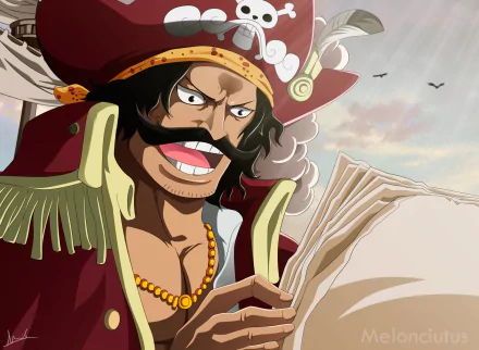 HD PC desktop wallpaper of Gol D. Roger from the One Piece anime: grinning pirate captain in a red coat clutching charts with a cloudy sky background.
