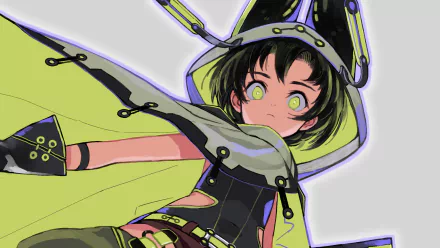 Anime original character with bright green eyes in a neon lime hooded outfit, striking dynamic pose — HD PC desktop wallpaper/background.
