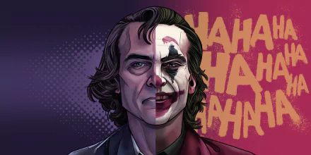 HD PC desktop wallpaper featuring a split-face illustration of Joaquin Phoenix as the Joker from DC Comics, with bold HAHA text in the background.