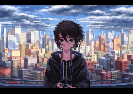 HD anime-style cityscape wallpaper featuring a character holding a camera, set against a vibrant, detailed urban skyline under a dynamic sky.