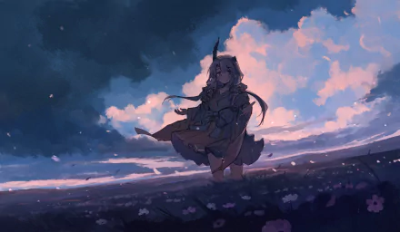 Anime-style HD desktop wallpaper depicting a lone character standing in a field under a dramatic sky with pink clouds. The image exudes an original, ethereal atmosphere.