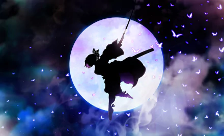 HD wallpaper of Shinobu Kochou from Demon Slayer: Kimetsu no Yaiba, depicted against a mystical moon and starry sky background.
