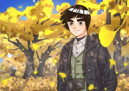 Rock Lee (Naruto) in an autumn forest with golden ginkgo leaves, wearing a vintage coat and camera around his neck — HD anime PC desktop wallpaper background.