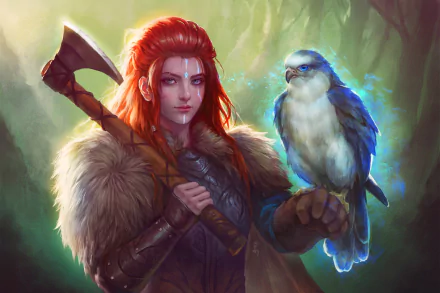 HD fantasy wallpaper featuring a red-haired Viking woman warrior holding an axe with a falcon perched on her arm in a mystical forest setting.