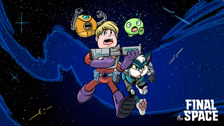 4K Ultra HD PC desktop wallpaper: Gary Goodspeed and Avocato sprint through a starfield, KVN robot and Mooncake float beside them as an alien paw reaches in — Final Space TV show.