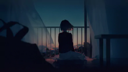 HD wallpaper featuring an anime girl sitting on a balcony at dusk, gazing at the evening sky with city lights twinkling in the distance.