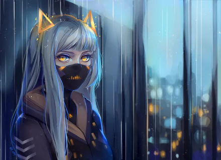 A captivating anime character with yellow eyes and grey hair, wearing a mask, stands against a rainy backdrop, creating a striking HD desktop wallpaper.