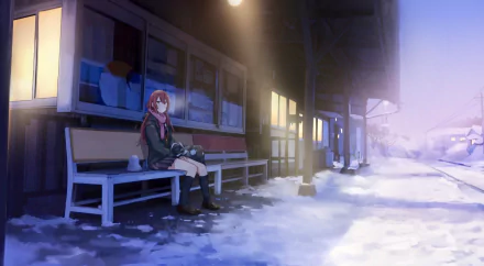 HD PC desktop wallpaper: Tenka Osaki from The iDOLM@STER: Shiny Colors seated on a snowy station bench at dusk, soft lights in a quiet winter anime scene.