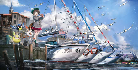 HD PC desktop wallpaper of Pokémon: Sword and Shield — trainer with Scorbunny, Yamper and Rotom on a sunny harbor dock while Wingull and Rookidee wheel overhead.