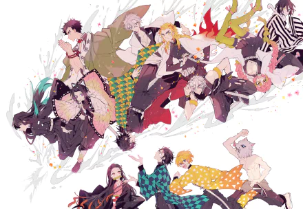 HD desktop wallpaper featuring vibrant anime characters from Demon Slayer: Kimetsu no Yaiba, including Giyuu Tomioka, Shinobu Kochou, Inosuke Hashibira, Zenitsu Agatsuma, Tanjiro and Nezuko Kamado, and others.