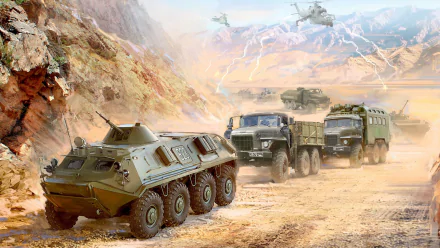 HD desktop wallpaper depicting a military convoy including a BTR-60 armored personnel carrier, tanks, and helicopters moving through a rugged desert landscape.