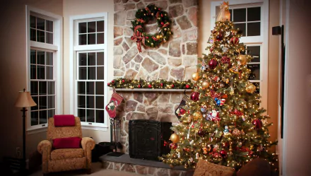 Cozy holiday scene featuring a decorated Christmas tree with ornaments, a wreath above a stone fireplace, and a comfortable chair, captured in an HD PC desktop wallpaper.