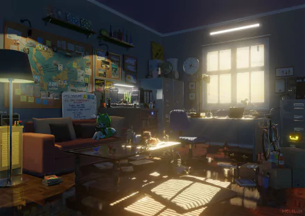 A cozy anime-themed room bathed in sunshine, featuring a sofa, table, desk, chair, world map on the wall, aquarium, clock, bike, and a character with green hair and animal ears. HD desktop wallpaper.
