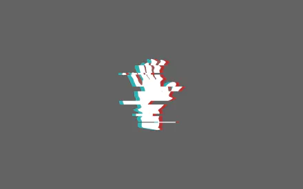 Minimalist artistic 2K Quad HD PC desktop wallpaper: glitch-style white hand silhouette with cyan and red offset on a muted gray background.