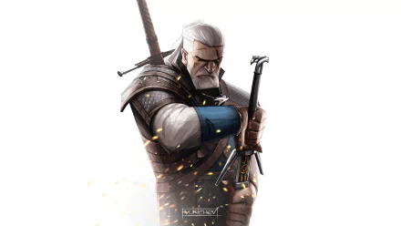 HD desktop wallpaper of Geralt of Rivia, the warrior from The Witcher 3: Wild Hunt video game, holding swords against a white background.