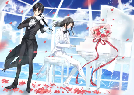 Anime-style 4K Ultra HD wallpaper featuring a violinist and pianist playing music together by a white grand piano surrounded by rose petals.