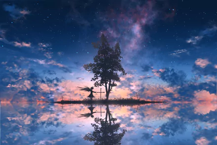 HD desktop wallpaper featuring an anime-style starry sky with vivid colors, mirrored by a serene water reflection, centered around a lone tree and cross.