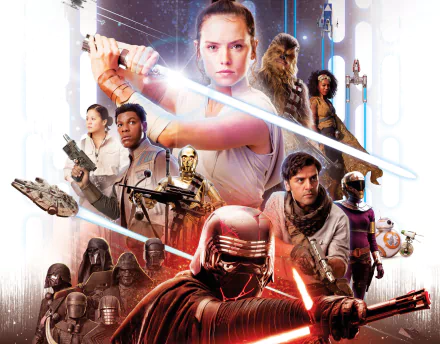HD desktop wallpaper featuring key characters from Star Wars: The Rise of Skywalker, including Rey, Finn, Poe Dameron, Kylo Ren, and others in dynamic poses.