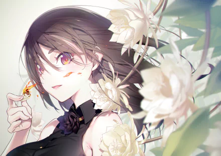 Anime-style original artwork of a girl with purple eyes holding a small flame, surrounded by white flowers, designed as a HD PC desktop wallpaper background.