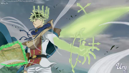 Yuno (Black Clover) anime 2K Quad HD PC desktop wallpaper/background: Yuno summons green wind magic from a glowing grimoire, ethereal sigils swirling against a stormy sky.