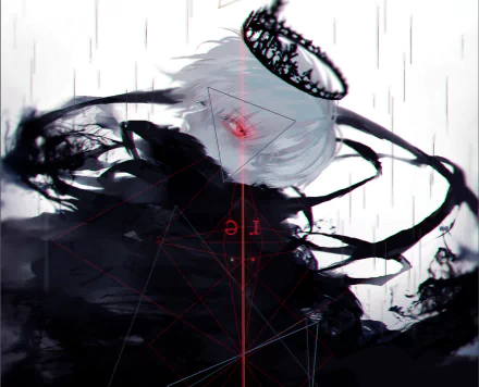 HD desktop wallpaper featuring Ken Kaneki from Tokyo Ghoul:re, with an artistic depiction of dark shadows and abstract elements.