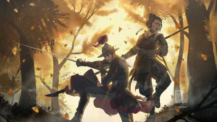 For Honor (video game) HD desktop wallpaper: two samurai warriors—one kneeling with katana, one standing with spear—pose amid golden autumn trees and falling leaves, dramatic backlit scene.