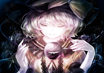 HD PC desktop wallpaper featuring Koishi Komeiji from the Touhou anime series, depicted with a glowing orb and ethereal, dark cosmic background.