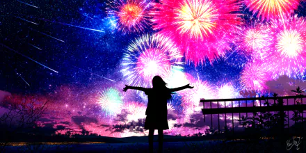 A vibrant anime scene showing a silhouetted figure celebrating under a starry sky filled with colorful fireworks and shooting stars, creating an enchanting atmosphere. HD desktop wallpaper.