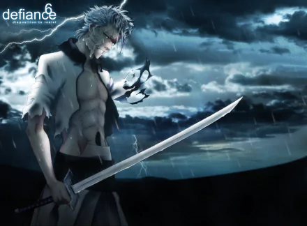HD desktop wallpaper featuring Grimmjow Jaegerjaquez from the anime Bleach. He stands in the rain, wielding a sword, with a stormy sky in the background.