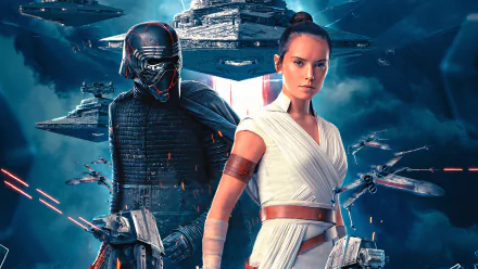 HD desktop wallpaper featuring Rey (Daisy Ridley) and Kylo Ren with X-Wings and a Star Destroyer from Star Wars: The Rise of Skywalker.