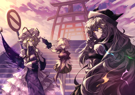 4K Ultra HD anime wallpaper featuring Touhou characters Okina Matara, Yukari Yakumo, and Kasen Ibaraki with heterochromia, set against a dramatic twilight shrine backdrop.