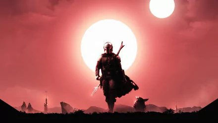 HD PC wallpaper featuring The Mandalorian and Baby Yoda from the Star Wars TV show, set against a vivid red sky with a large glowing sun in the background.