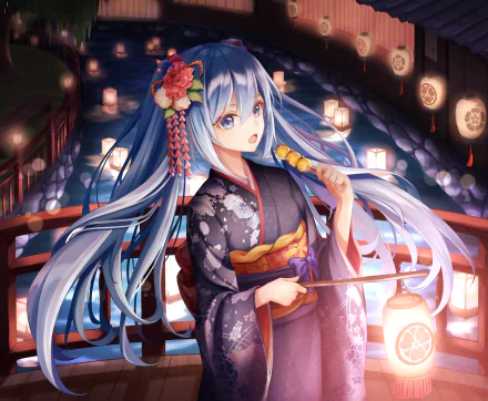 Hatsune Miku in a kimono holding a paper lantern, with long blue hair adorned with floral accessories, standing on a bridge surrounded by floating lanterns. Anime-style HD wallpaper and background.