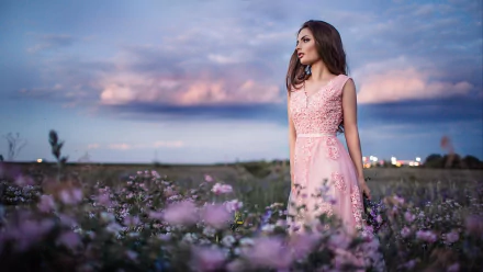 brunette pink dress depth of field woman model HD Desktop Wallpaper | Background Image