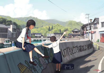 Anime-style HD desktop wallpaper featuring two characters in school uniforms by a riverside in a quiet town, blending original art with detailed background scenery.