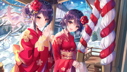 Two anime girls with purple hair and red eyes wear red floral yukatas in a snowy setting, one holding a large red and white striped rope, from Girl Cafe Gun.