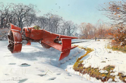 Anime HD PC desktop wallpaper — Cowboy Bebop: a red spacecraft grounded in a snowy field, bare winter trees and two distant figures beneath a pale sky.