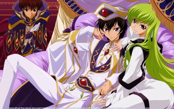 High-definition wallpaper featuring Suzaku Kururugi, Lelouch Lamperouge, and C.C. from Code Geass. The characters are posed dramatically against a richly colored backdrop.