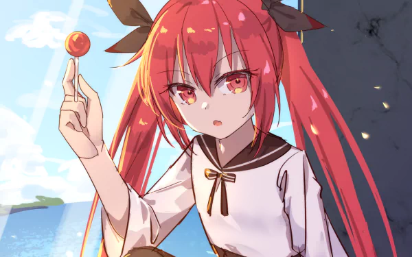 HD PC desktop wallpaper featuring Kotori Itsuka from the anime Date A Live, holding a lollipop with a sky and window background.