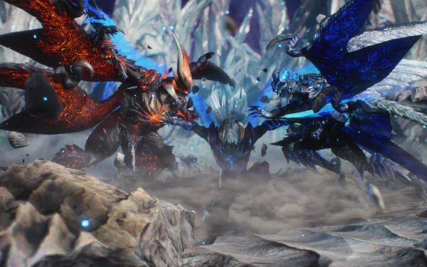 Devil May Cry 5 video game HD PC desktop wallpaper: three armored demonic figures in red, silver, and blue clash amid jagged ice, swirling smoke, and scattered debris.