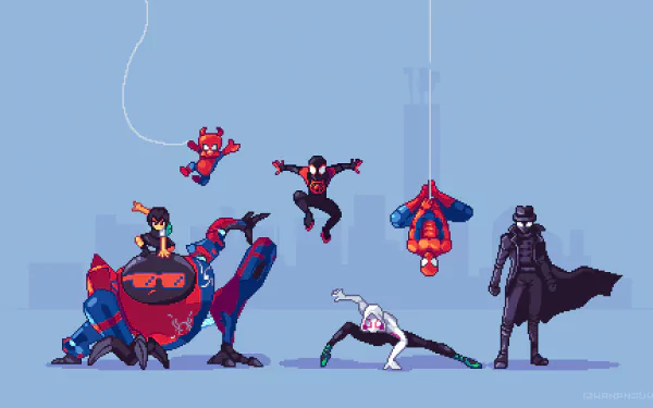 Pixel art 4K Ultra HD wallpaper featuring Peni Parker, Spider-Ham, Spider-Man Noir, Spider-Gwen, and Miles Morales from Spider-Man: Into the Spider-Verse.