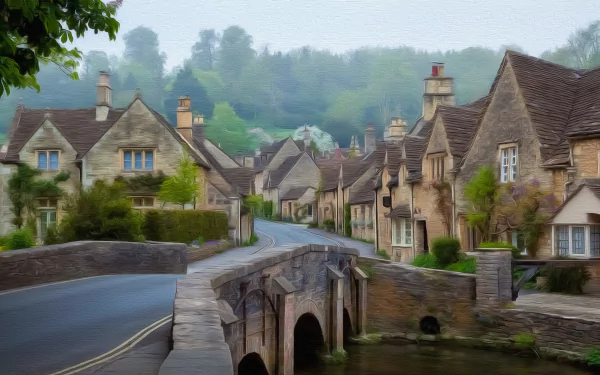 Cotswolds village: man-made honey-stone cottages and arched stone bridge over a narrow stream, chimneys and misty green hills — 4K Ultra HD PC desktop wallpaper/background.